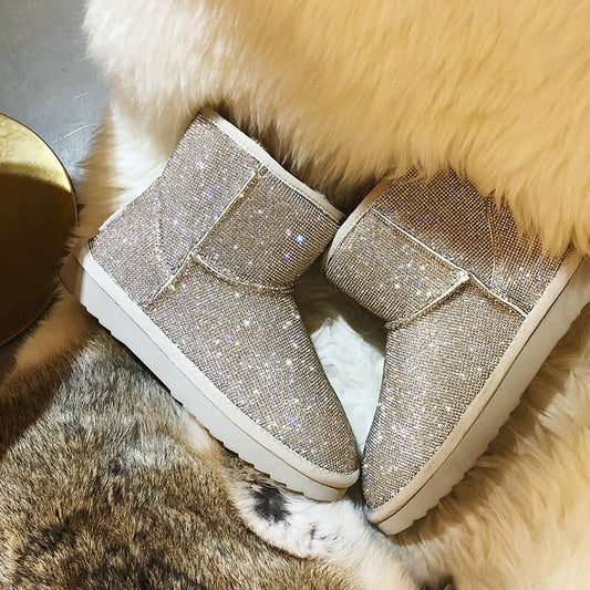 Female short boots with rhinestones and full snow boots